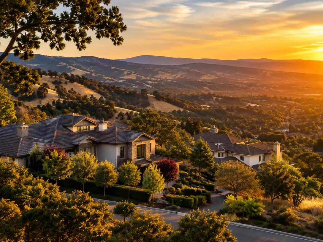 Hillside homes overlooking Almaden Valley at sunset
