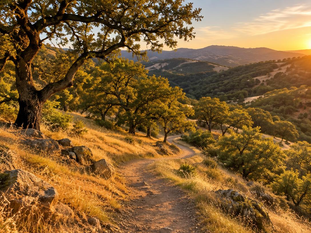 Trail winding through golden oak hills in Almaden Quicksilver County Park