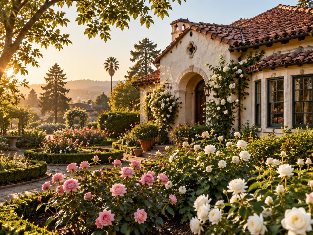 Historic home beside blooming roses in the Rose Garden neighborhood