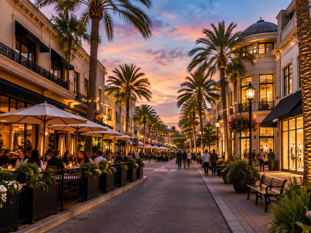 Palm-lined shopping and dining street at Santana Row at dusk