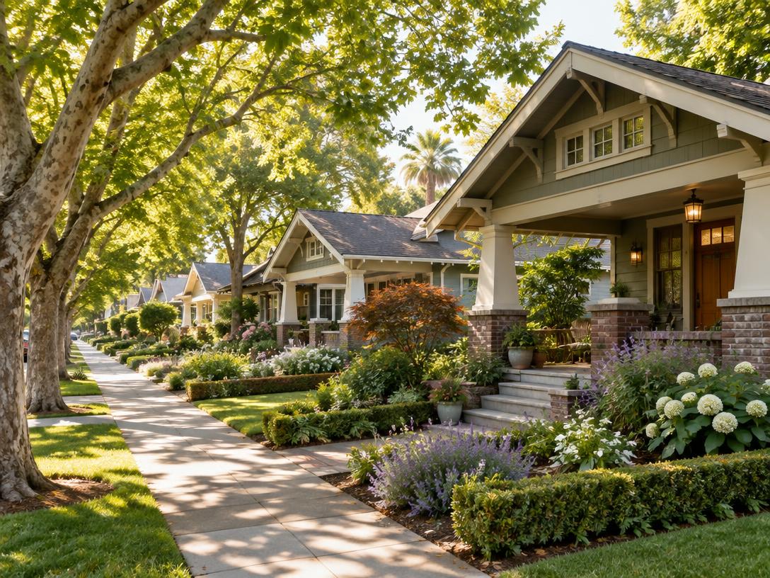 Tree-lined street of craftsman bungalows in Willow Glen, San Jose